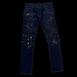 BALMAIN PAINTED DENIM BIKER JEANS